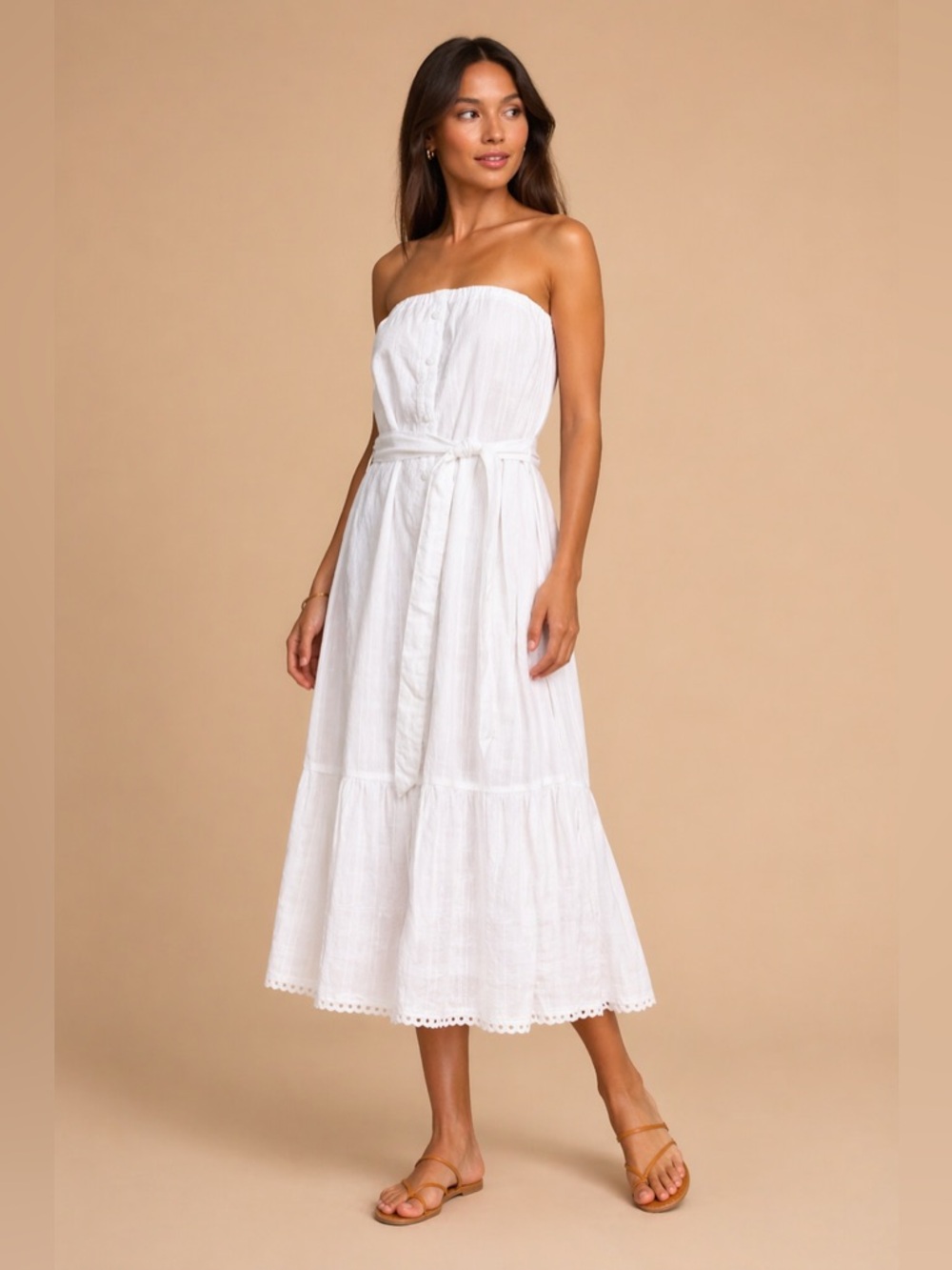 Shore Gingham Strapless Midi Dress White XS NWT Cotton A-Line
